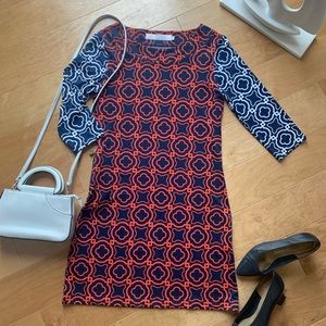 Tracy Negoshian Auburn dress blue, orange, white
